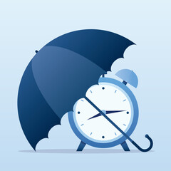 Umbrella and watch protection. Time protection concept. Save time, security. Time management, break. Assurance and warranty.