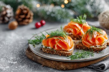 Smorrebrod open faced sandwich with salmon and cream cheese for christmas