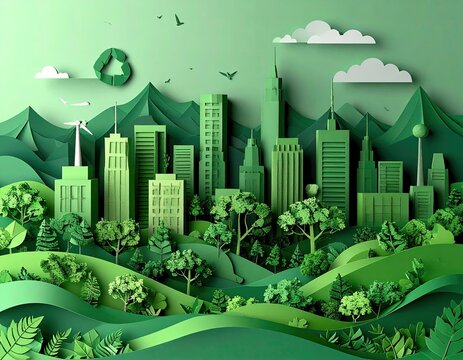 Green city landscape, paper cut style. Eco-friendly urban scene