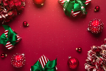 Merry Christmas and Happy Holidays greeting card, frame, banner. New Year. Red Christmas ornaments...