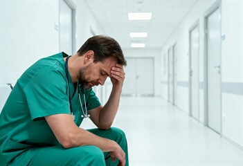 Tired doctor in green scrubs sitting in a hospital hallway with head in hand. Concept of burnout, stress and exhaustion.