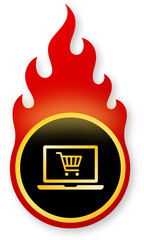 Shiny Gold Online Shopping Icon with Laptop on Fire for Cyber Monday Sale