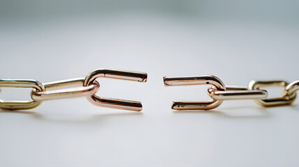 disconnected. Broken chain links with disconnected ends, minimalist metal texture symbolizing separation. wellbeing guides.