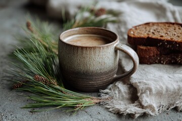 Cup of coffee with milk and slice of bread with pine branch on table