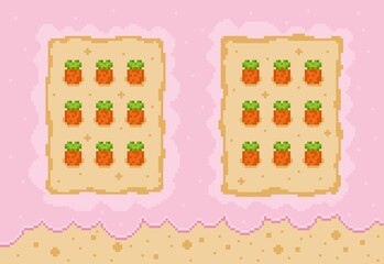 Cute pixel art carrot garden on a pink background. Perfect game asset for farming, casual, or match-3 mobile games, wallpaper, background, sticker. A delightful, simple, and charming retro design.