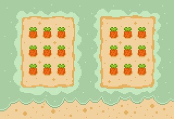 Pixel art carrot garden game asset on a mint green background. Perfect retro 8-bit design for farming, puzzle, or casual mobile video games, wallpaper, background, and sticker. Cute and simple design.