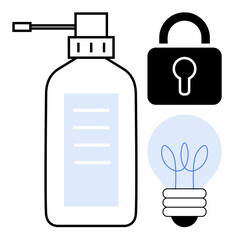 Fototapeta premium Sanitizer pump bottle alongside a padlock and lit bulb representing health safety, security, and creative ideas. Ideal for hygiene, innovation, healthcare, safety, creativity, security simple flat
