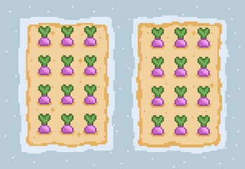 Cute pixel art turnip garden on a light blue background. Perfect game asset for farming, casual, or match-3 mobile games, sticker, wallpaper. A delightful, simple, and charming retro design.