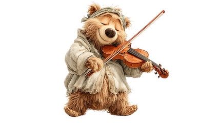 violin playing by a bear isolated on white background
