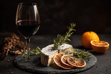 Elegant still life of red wine, cheese, oranges, and rosemary on black slate