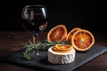 Charming still life of red wine, cheese, oranges, and rosemary on black slate