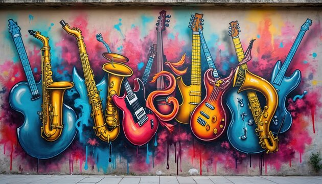 Colorful graffiti of musical instruments on concrete wall. Vibrant street art shows electric guitars, saxophones. Urban mural with paint drips creative expression of music culture. Modern artwork
