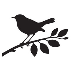 A silhouette illustration of a small bird perched on a branch with several leaves. 