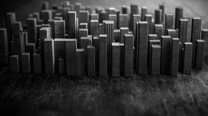 Obraz premium Abstract grayscale city skyline made from stacked wood on a wooden table