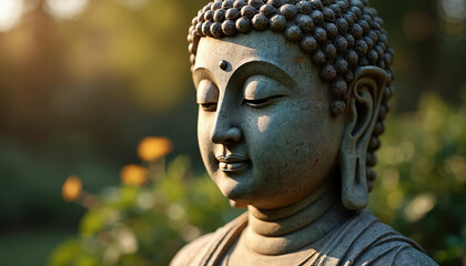 Stone Buddha statue with serene face meditating in peaceful summer garden. Ancient Asian sculpture represents spirituality, tranquility. Calm religious symbol for zen mindfulness practice outdoors in