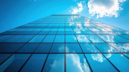 Modern Glass Skyscrapers in London with Blue Sky and Clouds Reflection, Minimalist Architecture and Copy Space