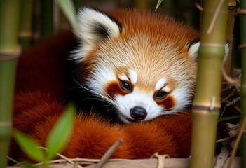 Obraz premium Adorable red panda cub nestled in bamboo, fluffy tail curled, asia, endangered