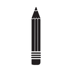Black and white icon illustration of a sharpened pencil standing upright. 