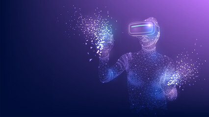 Concept of virtual reality technology. Woman wearing virtual reality headset connected to the virtual space. Vector illustration.