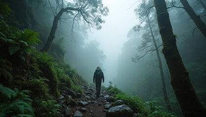 Man hikes on foggy rocky path in lush green forest with mossy trees. Overgrown ferns line the trail, dense mist obscures distant landscape, creating atmospheric mystery.