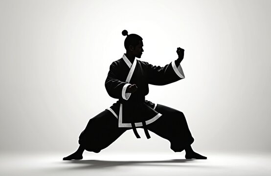 Black clad man performs traditional Chinese martial arts stance with clenched fists. Athlete trains discipline and balance in studio. Focus on internal power and self defense.