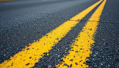 Close-up view of faded yellow road lines on asphalt, road surface, pavement