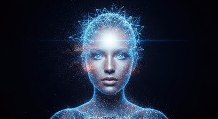 Digital head of a woman made of glowing particles with geometric lines and blue eyes on a dark background
