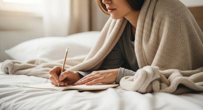 Young woman writing in a notebook with a pencil while relaxing under a cozy blanket on a comfortable bed indoors during the day.