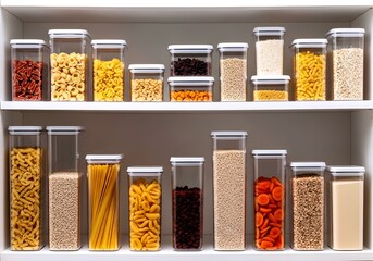 Neatly organized kitchen pantry with clear storage containers filled with dry food ingredients