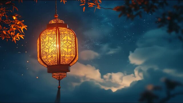An ornate, glowing lantern hangs from a branch against a magical, cloudy night sky filled with stars.