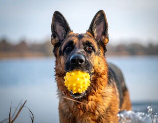 German Shepherd playfully holding a yellow ball near a body of water
