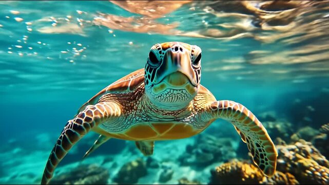 A majestic sea turtle gracefully swims through clear blue ocean waters above coral reefs, looking directly at the camera.