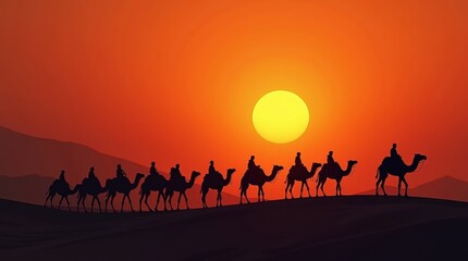 Experience the magic of the desert with a camel caravan silhouetted against a stunning sunset journey of a lifetime