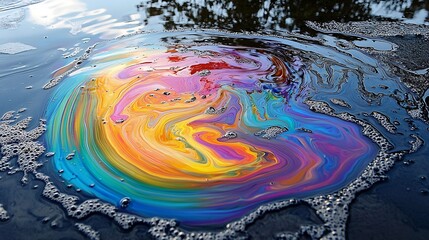 Naklejka premium Iridescent slick of oil floating on water with rainbow colors and bubbles around the edges of the slick