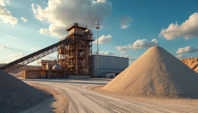Large mining complex with sky. Conveyor belts transport raw material to processing plant. Huge pile of sand, gravel and rocks in quarry. Extraction, manufacturing industry.