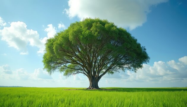 Large mature tree with dense green foliage stands in a vast grassy field under a blue sky with white clouds. Sunlight illuminates the serene natural landscape.