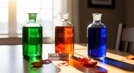 Bottles of colorful liquid arranged on a wooden table