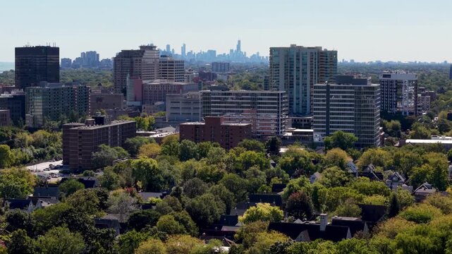 aerial low push in to evanston illinois skyline