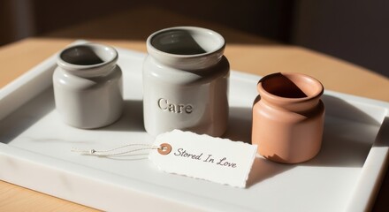Ceramic jars with a tag expressing care and love
