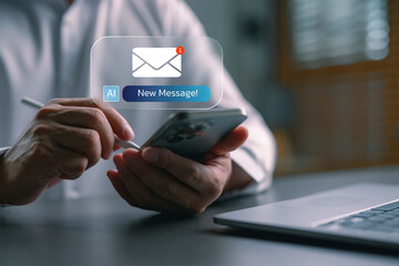 Businessman receiving AI-generated new message notification on smartphone with stylus. Concept of intelligent communication, digital assistant, and smart mobile technology in modern business.