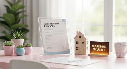 Clear acrylic display showing personal claim insurance document and a house model