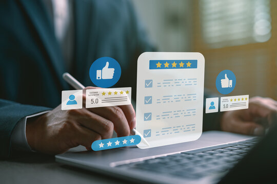 Businessman evaluating customer feedback and online reviews with 5-star rating system on laptop. Concept of customer satisfaction, service quality, online reputation, and business credibility.