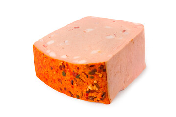 Square meat sausage with spices. Piece of sausage on a white background