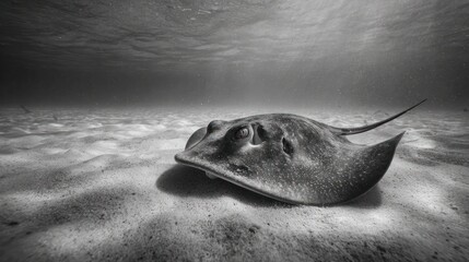 A stingray lies in the sand on the ocean floor, light filtering from above in b/w