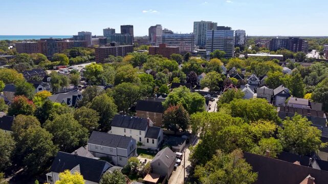 aerial treetop push in to evanston illinois