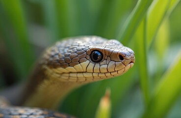 Obraz premium Closeup photo of snake head against green grass background. Eye is in focus. Reptile looks to be in natural habitat. Detail of scaled animal skin texture