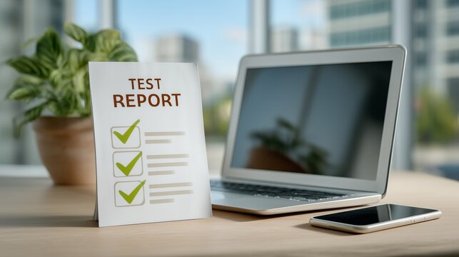 Flat lay of printed test report with checkmarks, open laptop, and smartphone symbolizing QA quality assurance testing workflow in minimal tech office setup, software development, analytics concepts.