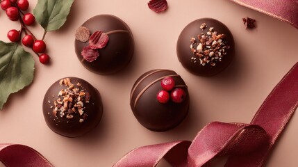 Assorted chocolate truffles with ribbon and leaves on a beige background