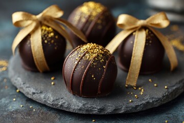 Delicious chocolate truffles with golden ribbon bow on dark stone plate