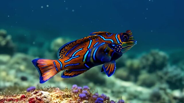 A vividly colored mandarin fish swims above vibrant coral and sea vegetation in clear blue water